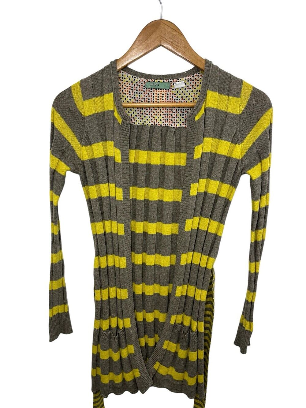 Anthropologie Sweater Yellow Maple Striped Pleated Belt Pocket Taupe XS Cardigan